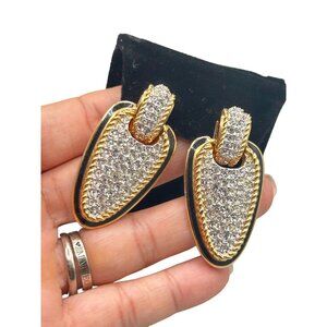 Swarovski Swan Signed Statement Clip Earrings Crystals Pave Gold & Black Enamel